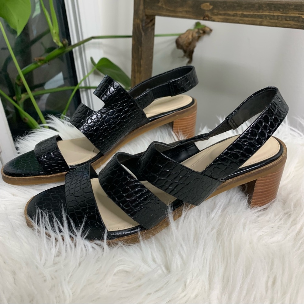 Cole Haan Adella Black Croc Print Leather Sandals Shoes